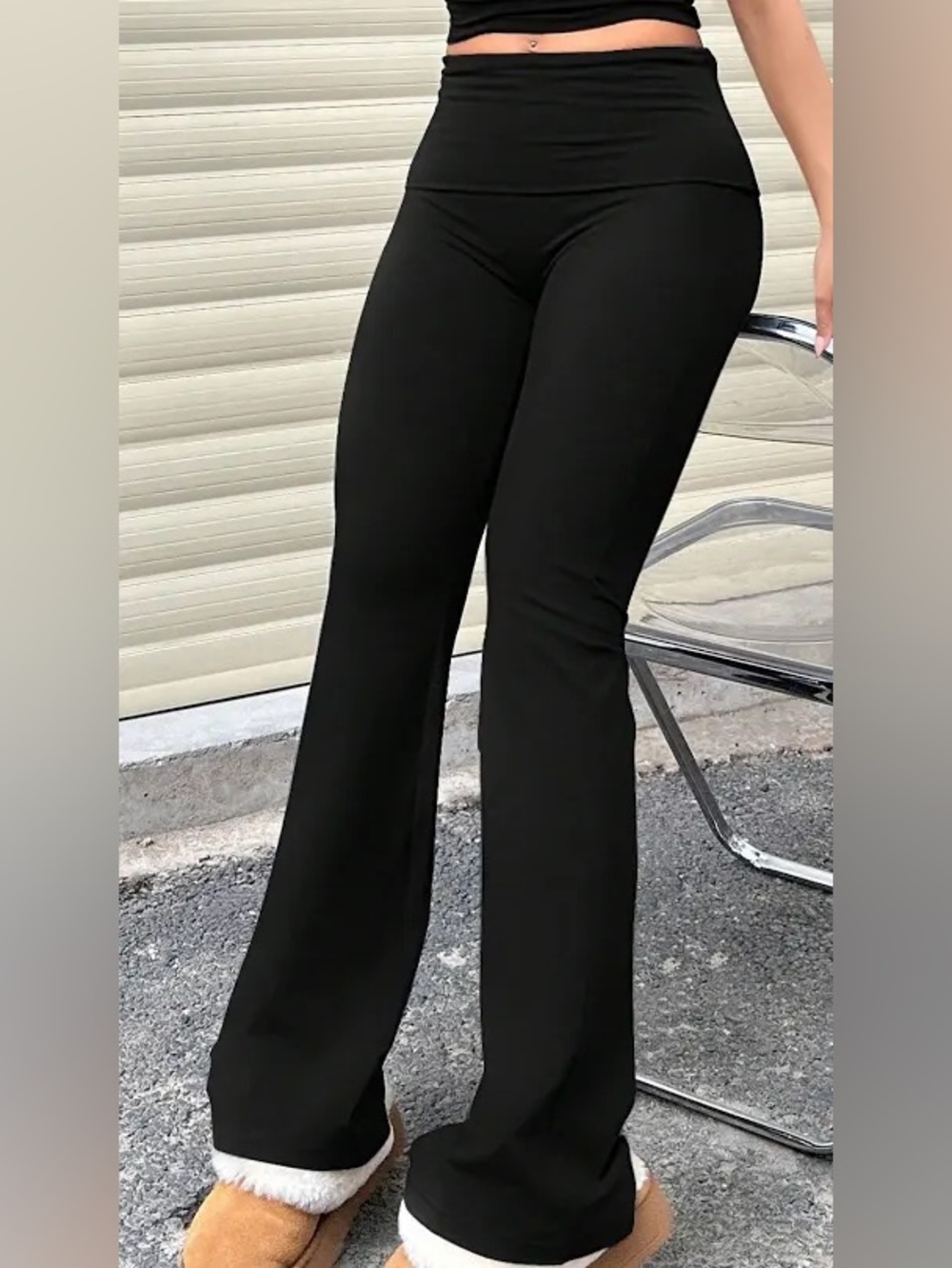 High-Waist Foldover Black Flare Pants for Women